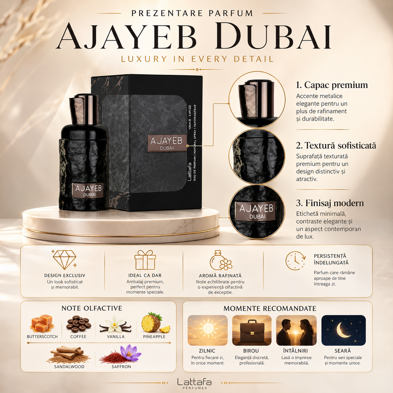 Ajayeb Dubai Lattafa prezentare parfum, capac premium, textură sofisticată și finisaj modern
